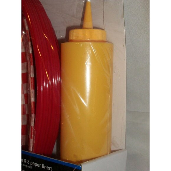 Barbeque Serving Set 8 Red Baskets Ketchup Mustard Bottle Paper Liners BBQ Fish - Picture 3 of 4